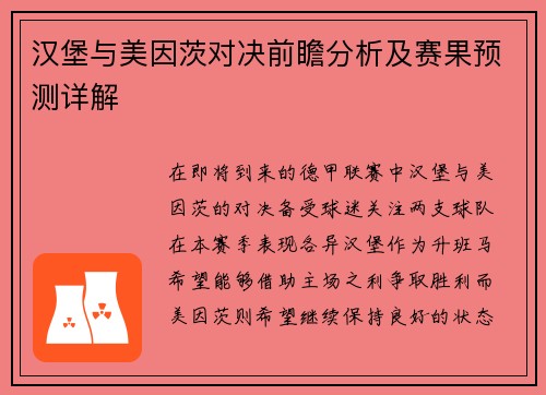 汉堡与美因茨对决前瞻分析及赛果预测详解